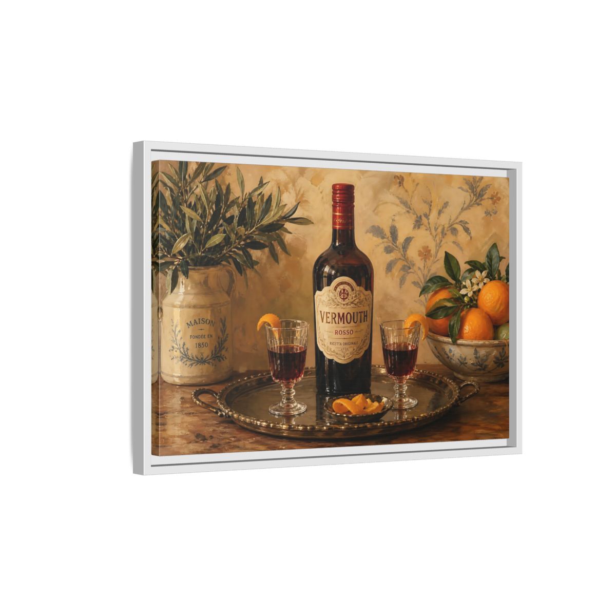 Side Mockup 1. Vermouth And Citrus Still Life shown as framed canvas print