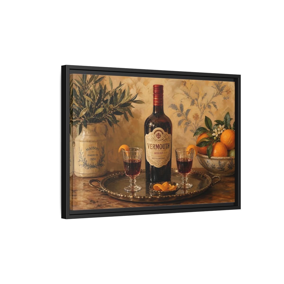 Side Mockup 3. Vermouth And Citrus Still Life shown as framed canvas print