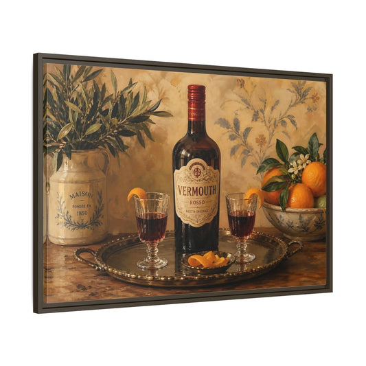 Main Mockup. Vermouth And Citrus Still Life shown as framed canvas print