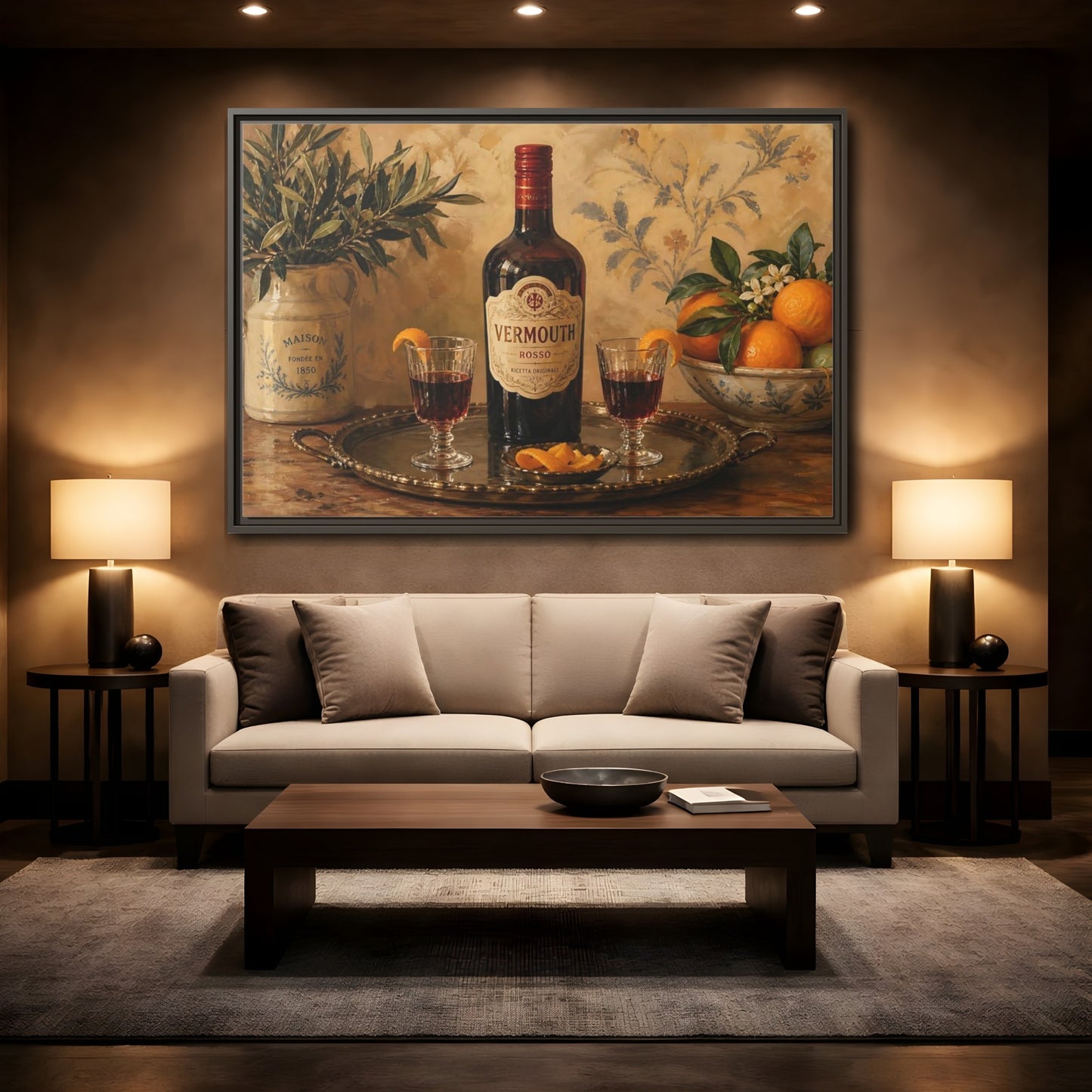 Mockup 2. Vermouth And Citrus Still Life shown as framed canvas print
