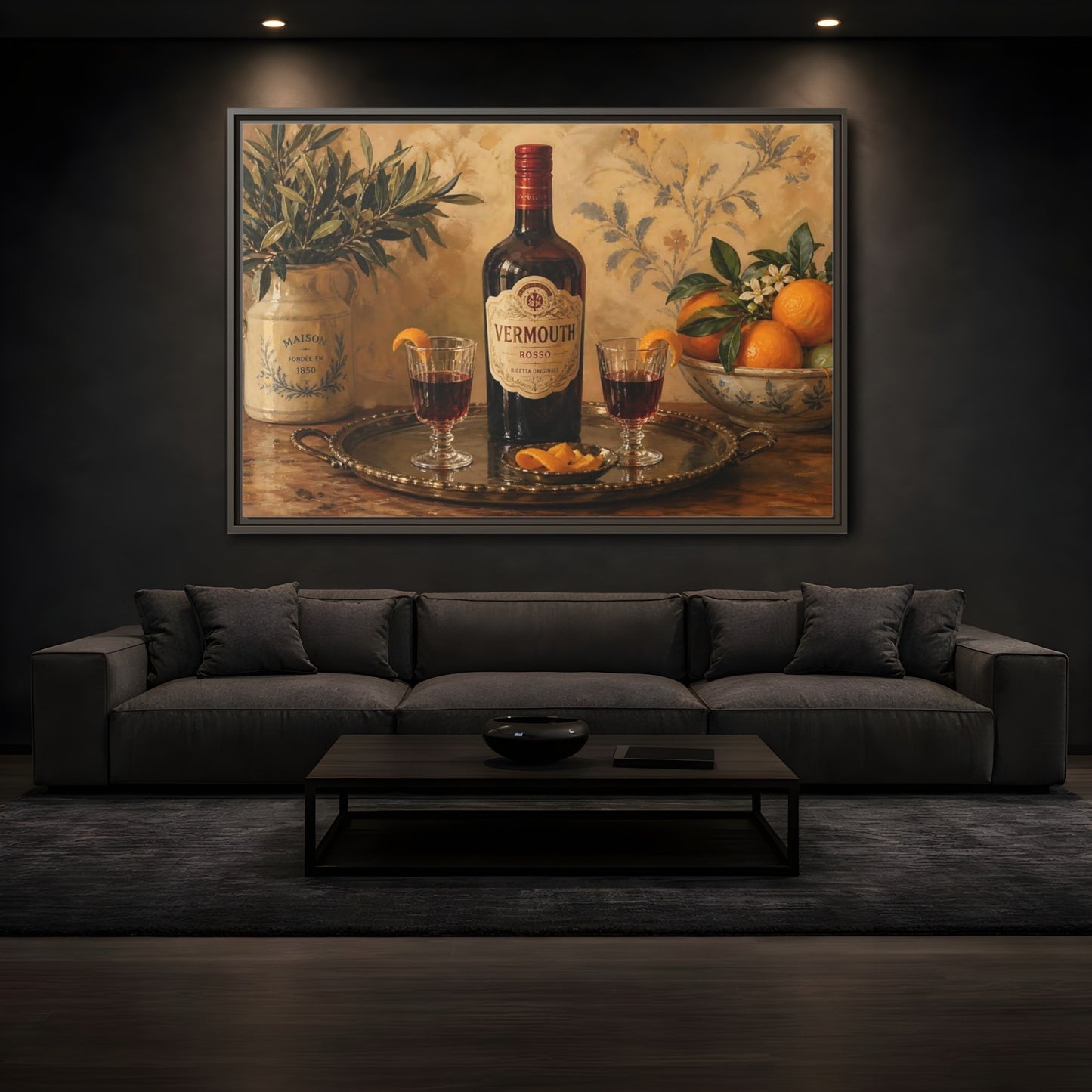 Mockup 3. Vermouth And Citrus Still Life shown as framed canvas print