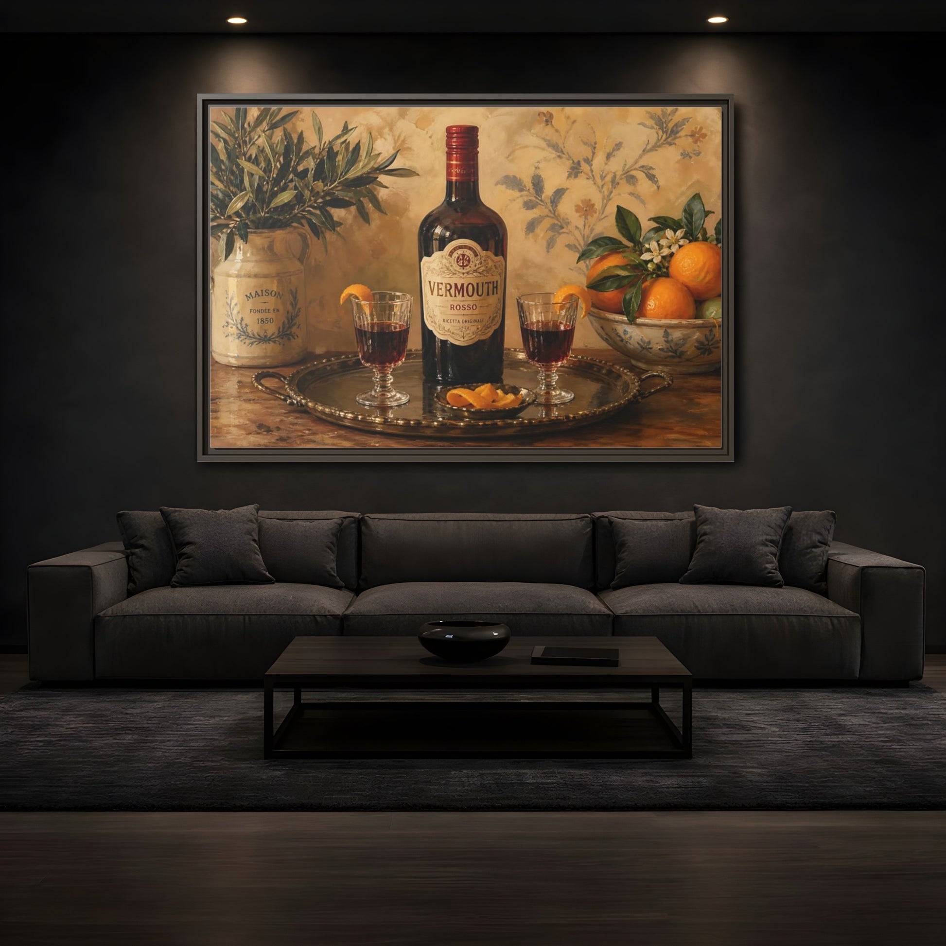 Mockup 3. Vermouth And Citrus Still Life shown as framed canvas print