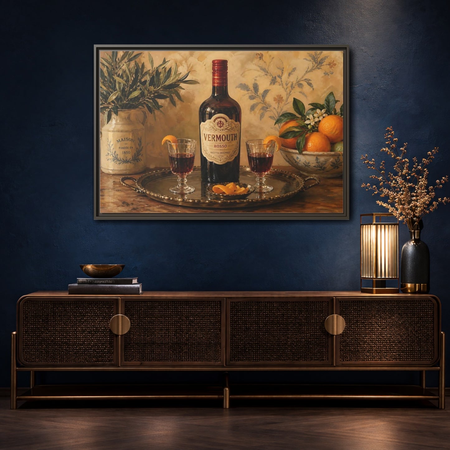 Mockup 4. Vermouth And Citrus Still Life shown as framed canvas print