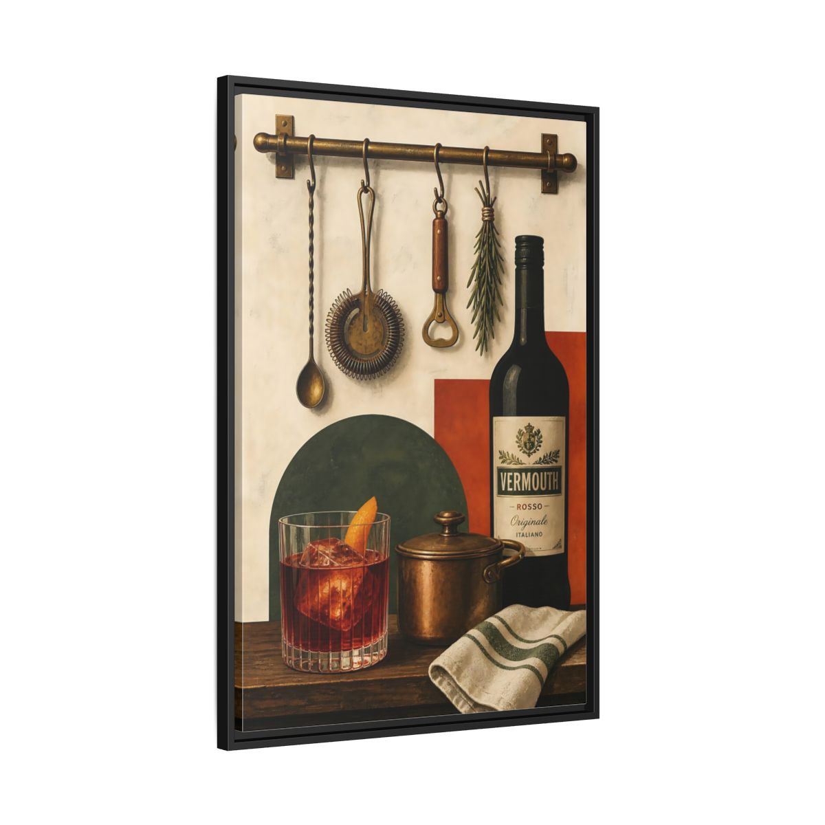 Side Mockup 13. Vermouth Bar Still Life shown as framed canvas print