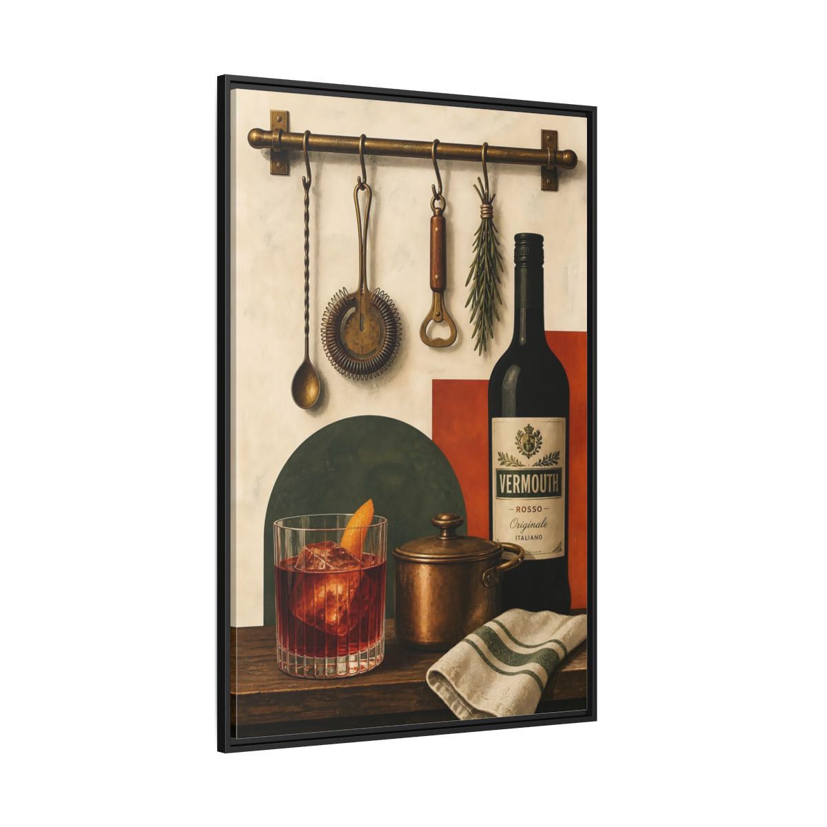 Side Mockup 12. Vermouth Bar Still Life shown as framed canvas print