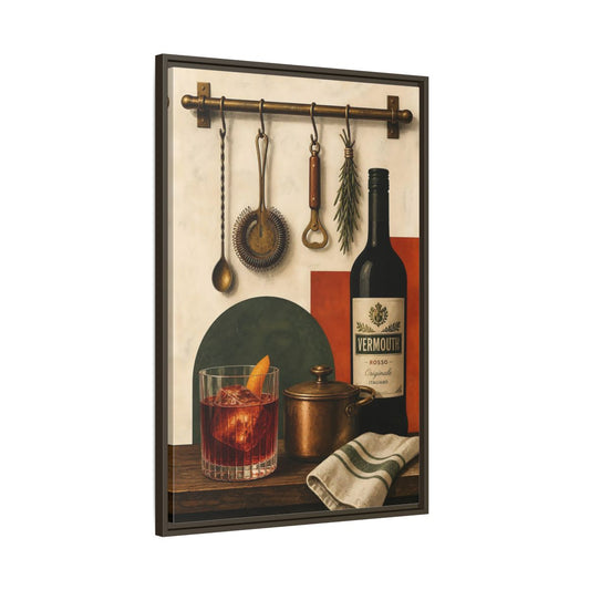 Main Mockup. Vermouth Bar Still Life shown as framed canvas print