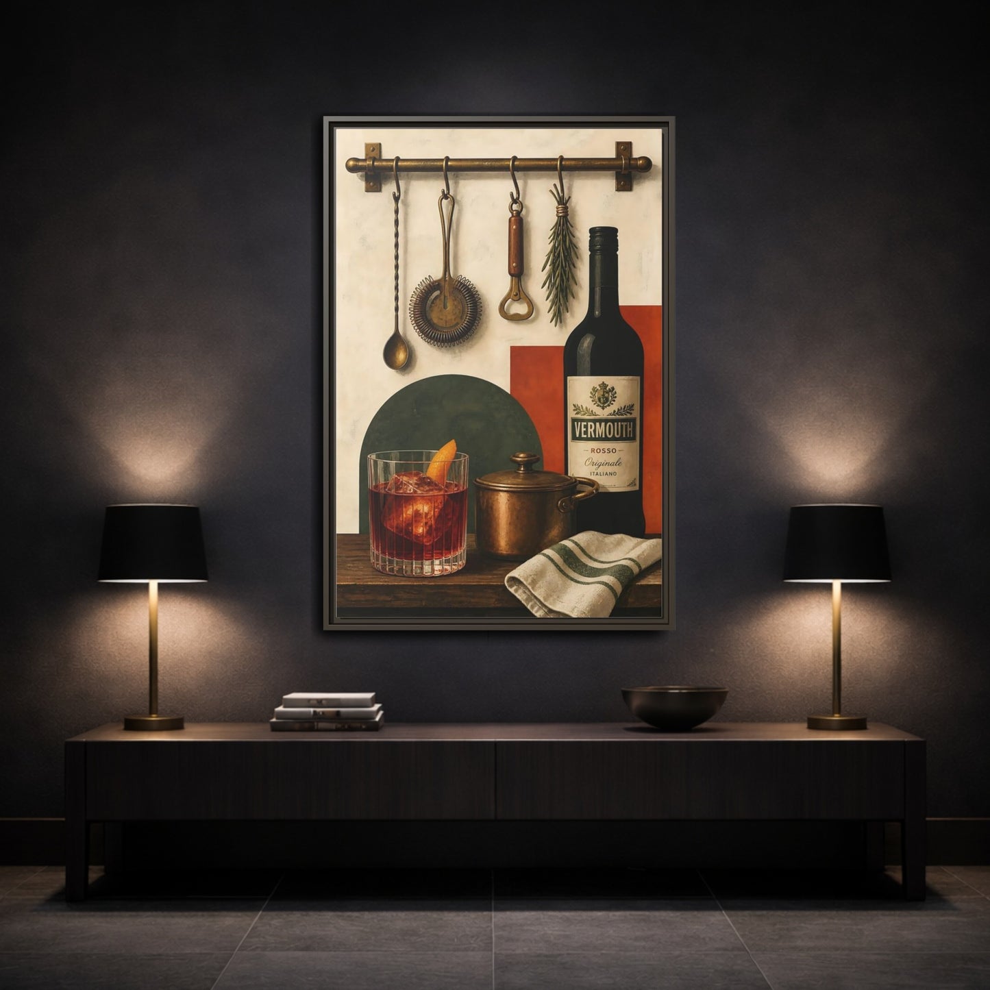 Mockup 3. Vermouth Bar Still Life shown as framed canvas print