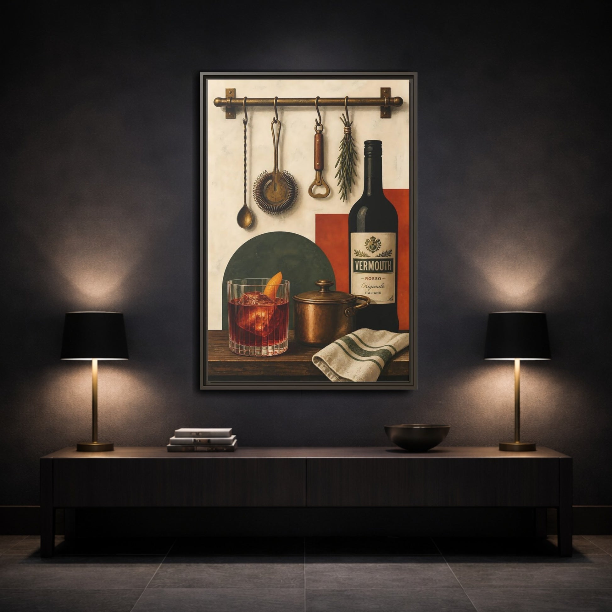 Mockup 3. Vermouth Bar Still Life shown as framed canvas print