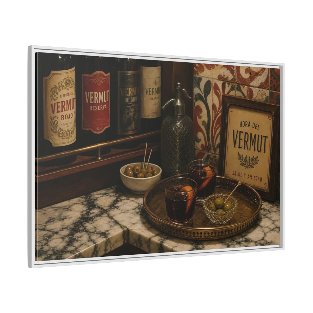 Side Mockup 7. Vermut Hour Still Life shown as framed canvas print