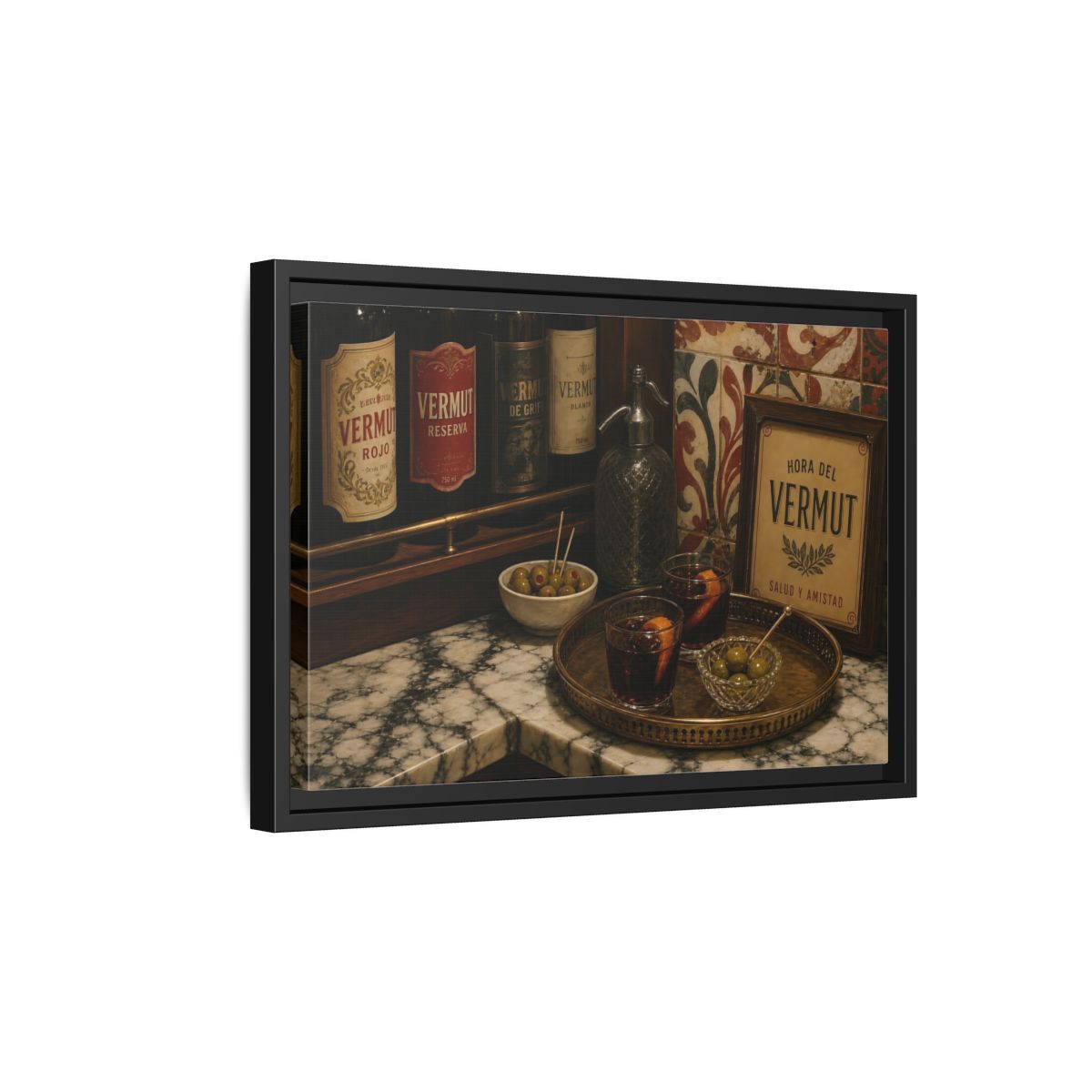 Side Mockup 6. Vermut Hour Still Life shown as framed canvas print