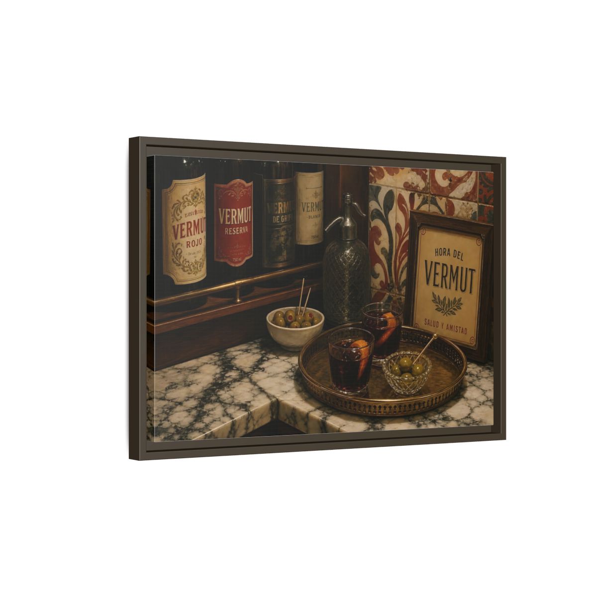 Side Mockup 2. Vermut Hour Still Life shown as framed canvas print