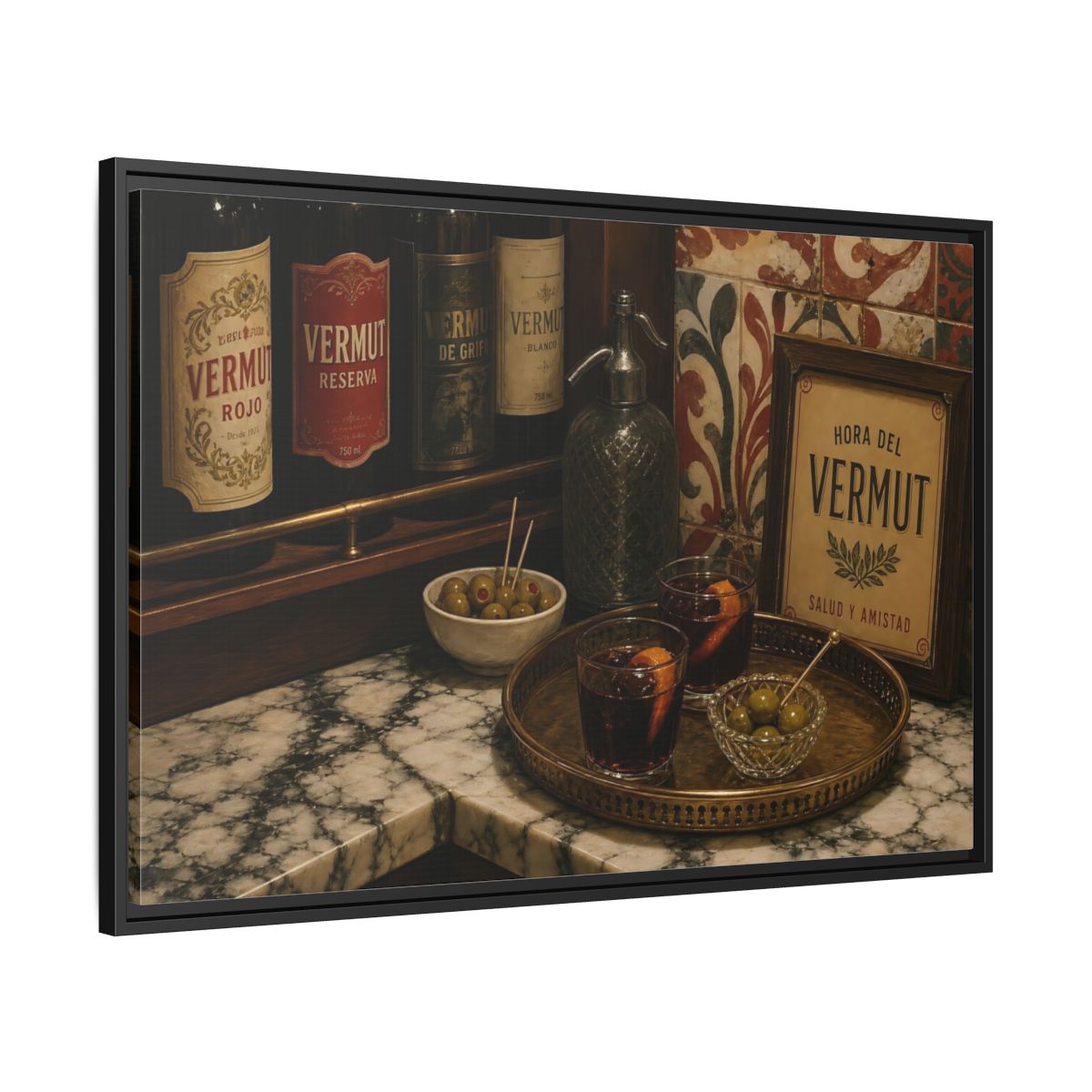 Side Mockup 13. Vermut Hour Still Life shown as framed canvas print