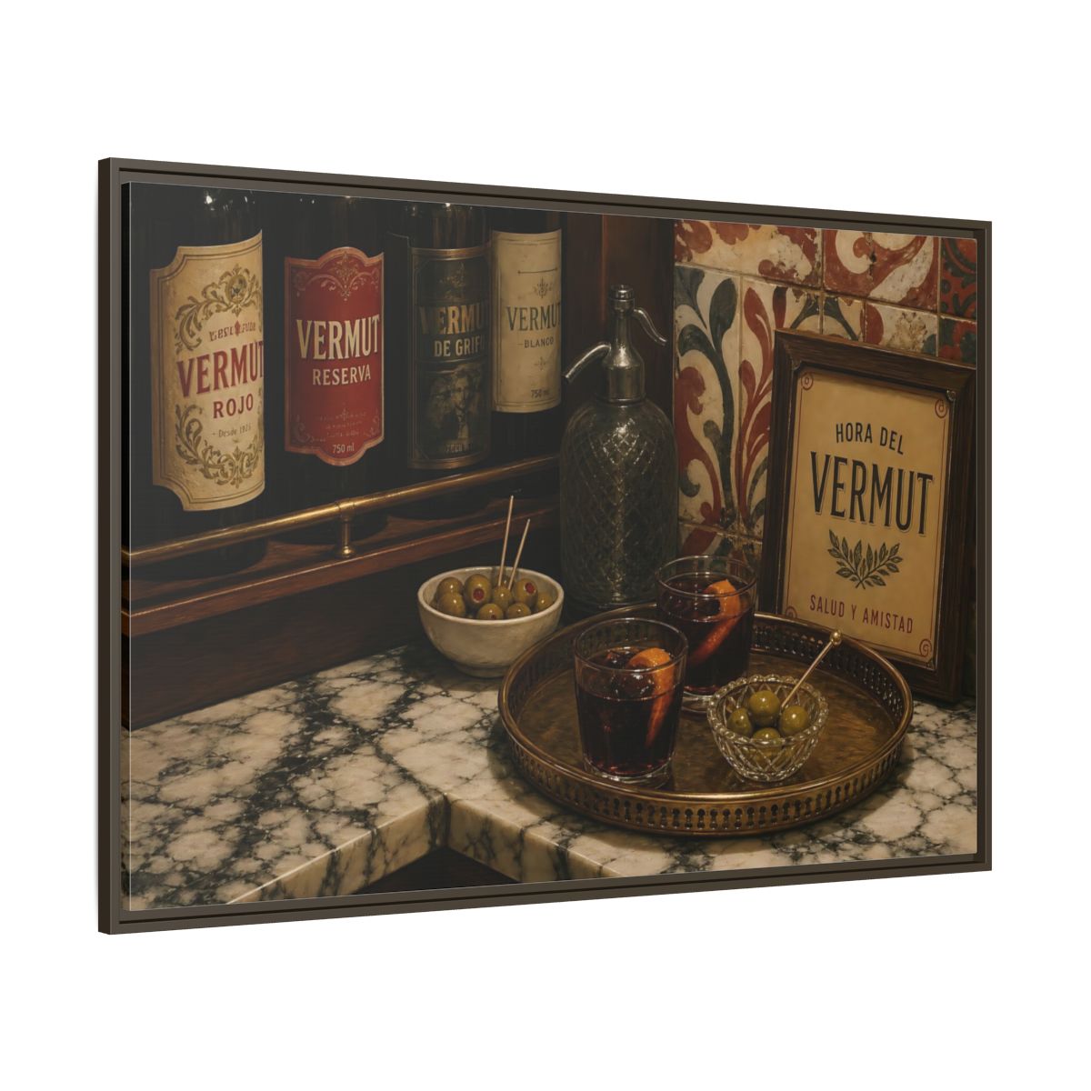 Side Mockup 8. Vermut Hour Still Life shown as framed canvas print
