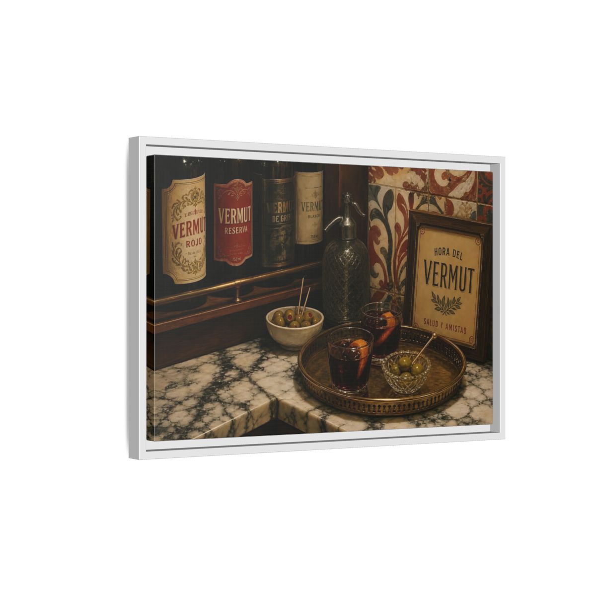 Side Mockup 1. Vermut Hour Still Life shown as framed canvas print