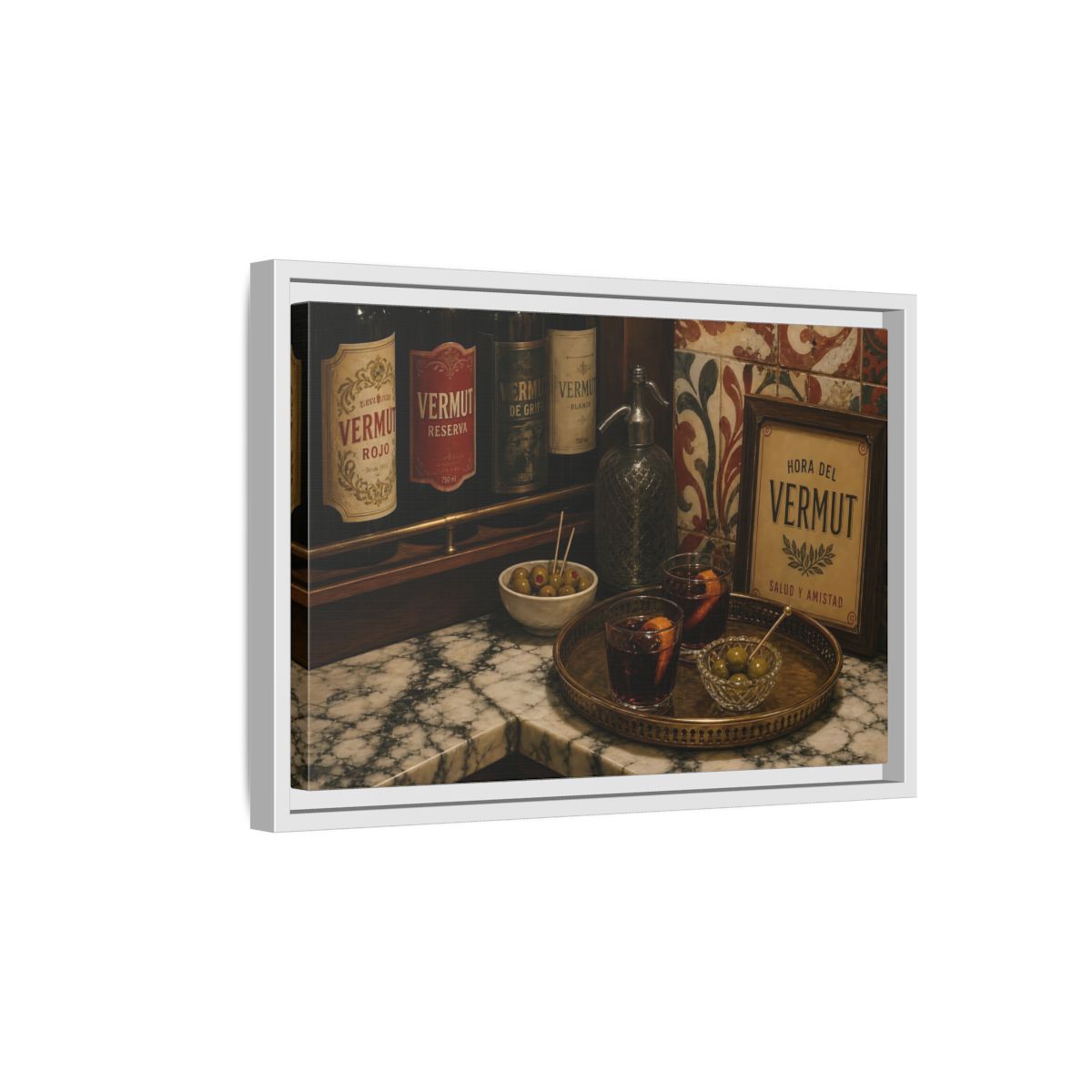 Side Mockup 4. Vermut Hour Still Life shown as framed canvas print