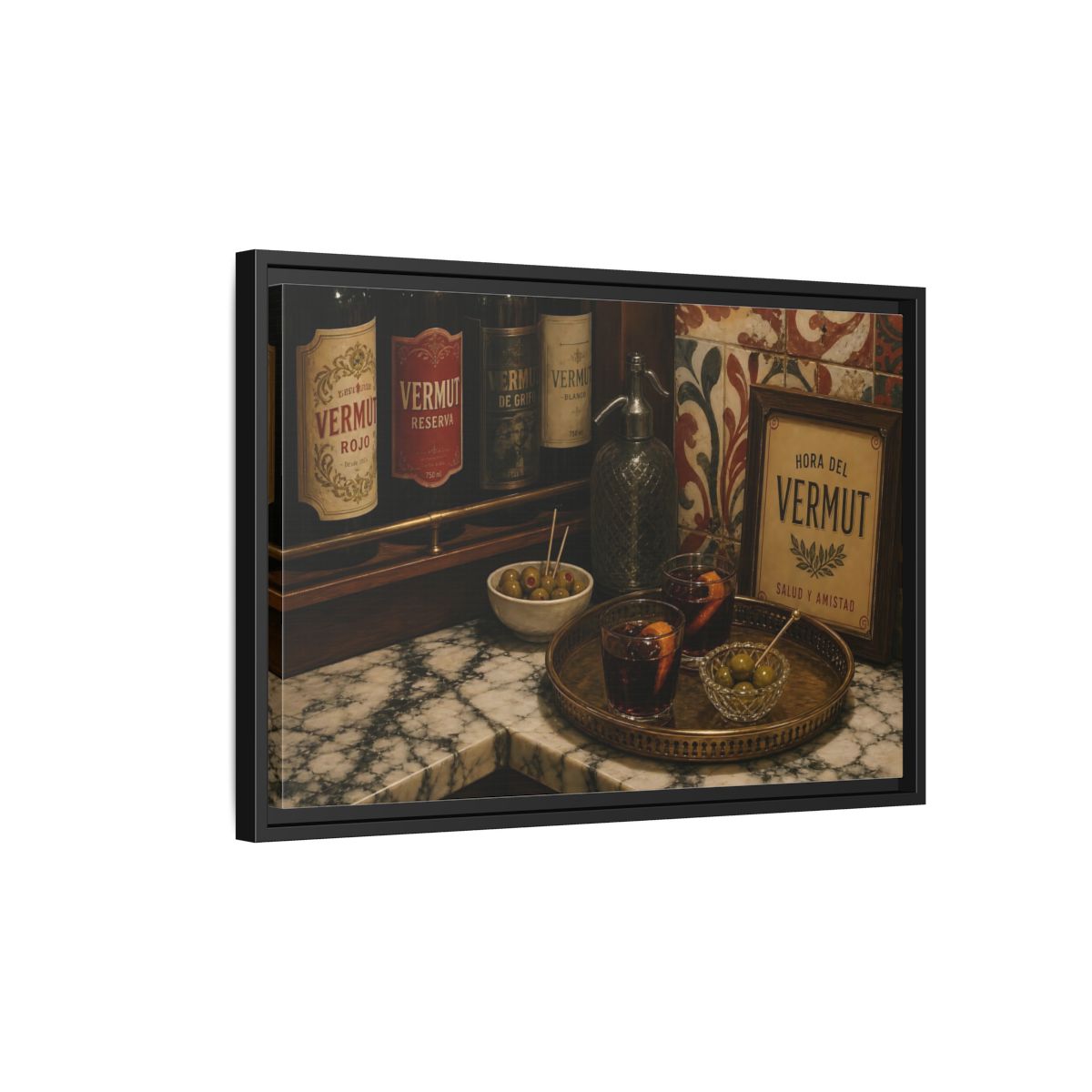 Side Mockup 3. Vermut Hour Still Life shown as framed canvas print