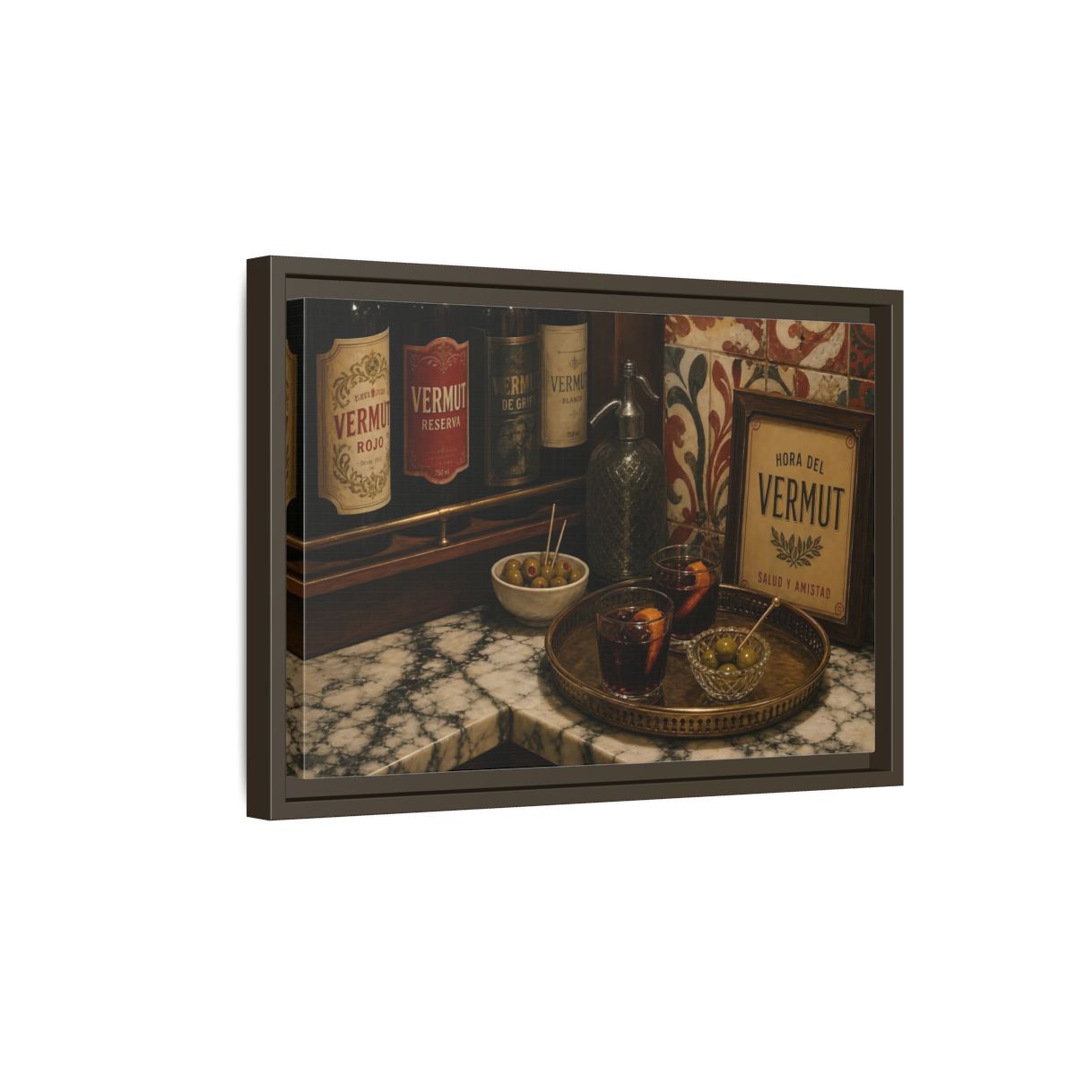 Side Mockup 5. Vermut Hour Still Life shown as framed canvas print