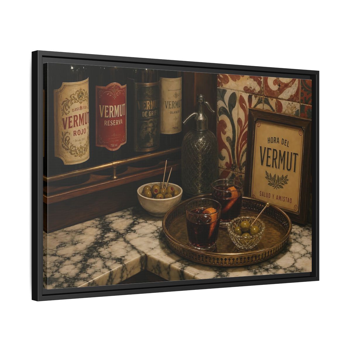 Side Mockup 14. Vermut Hour Still Life shown as framed canvas print