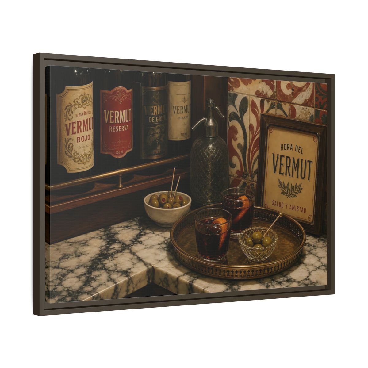 Side Mockup 11. Vermut Hour Still Life shown as framed canvas print