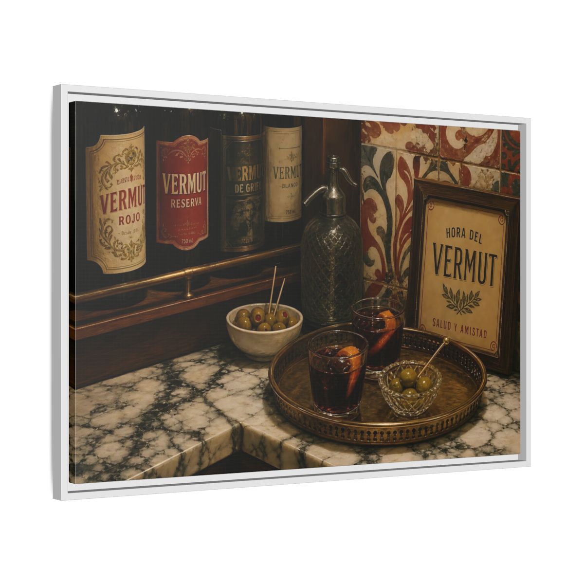 Side Mockup 9. Vermut Hour Still Life shown as framed canvas print