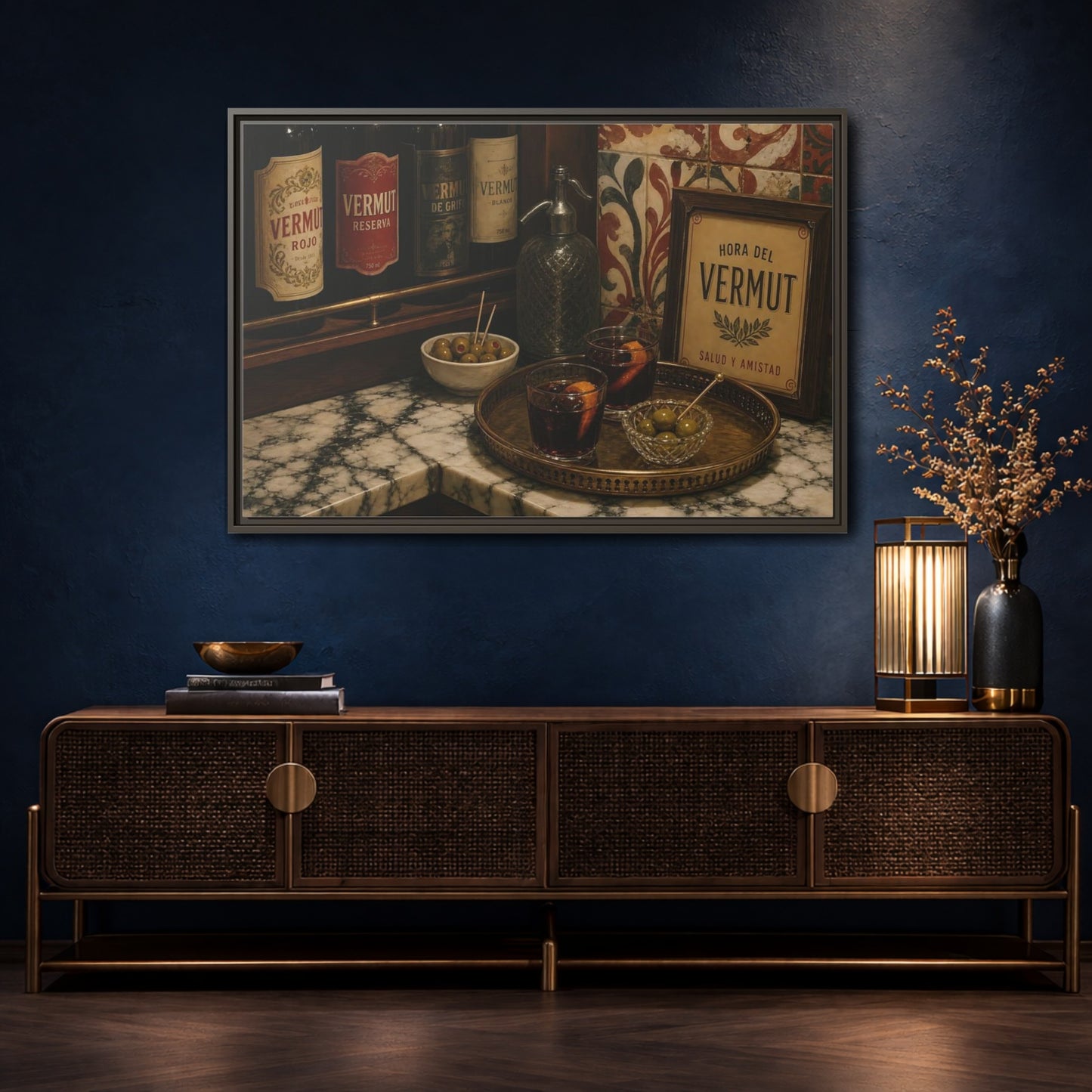 Mockup 4. Vermut Hour Still Life shown as framed canvas print