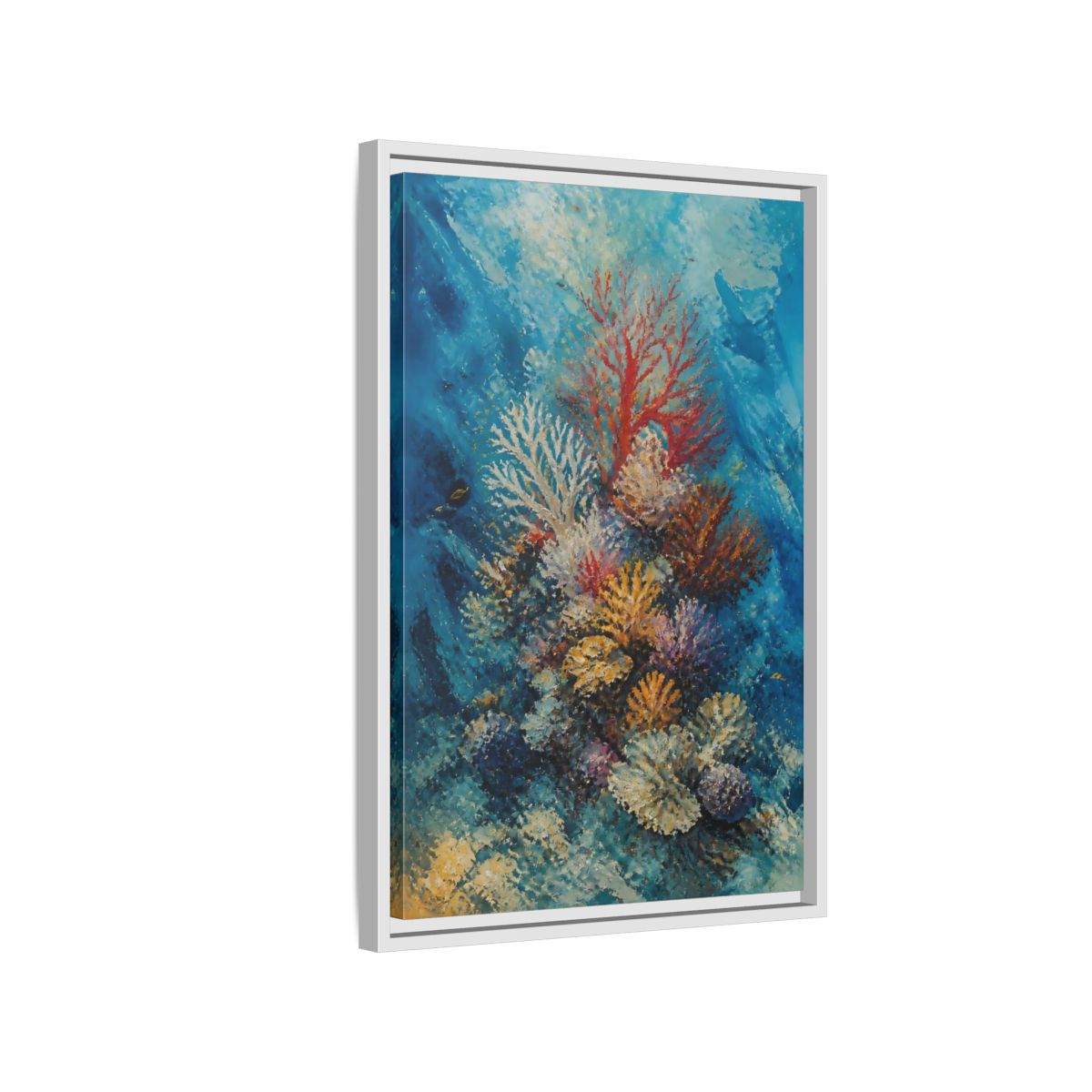 Side Mockup 1. Vibrant Coral Reef shown as framed canvas print