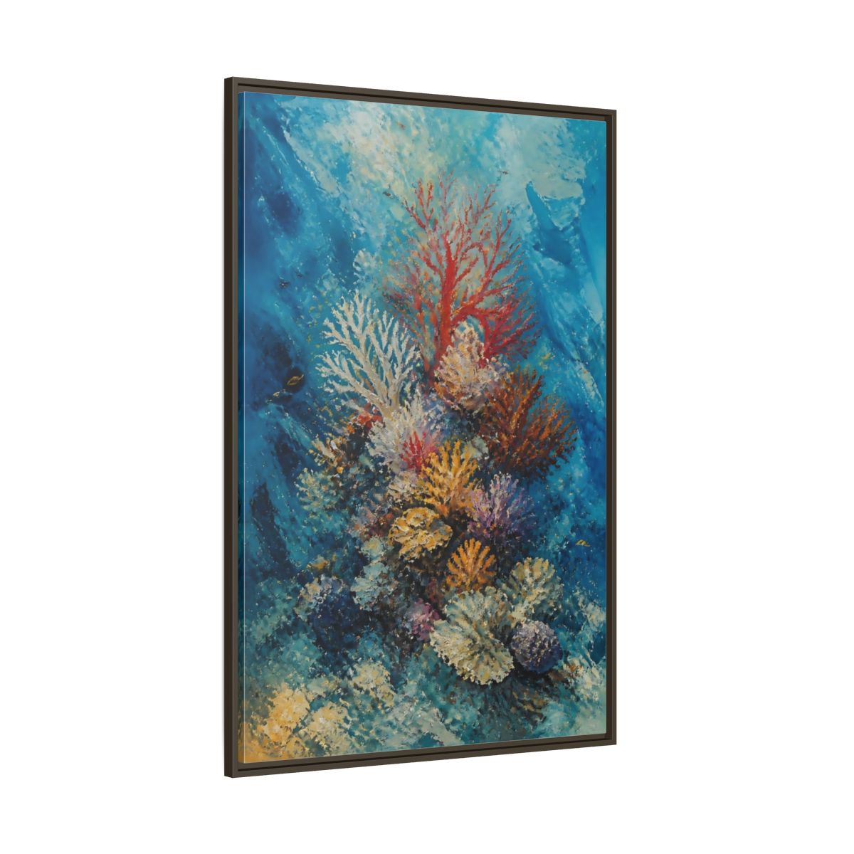 Side Mockup 8. Vibrant Coral Reef shown as framed canvas print