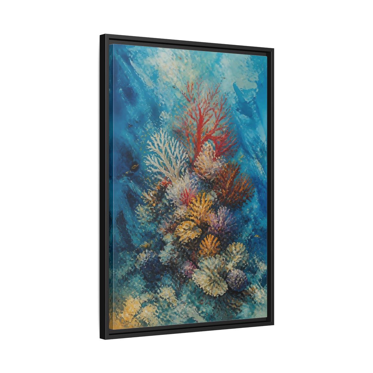 Side Mockup 14. Vibrant Coral Reef shown as framed canvas print