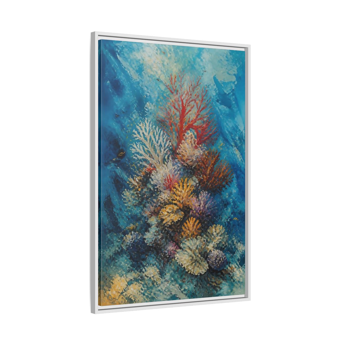 Side Mockup 9. Vibrant Coral Reef shown as framed canvas print