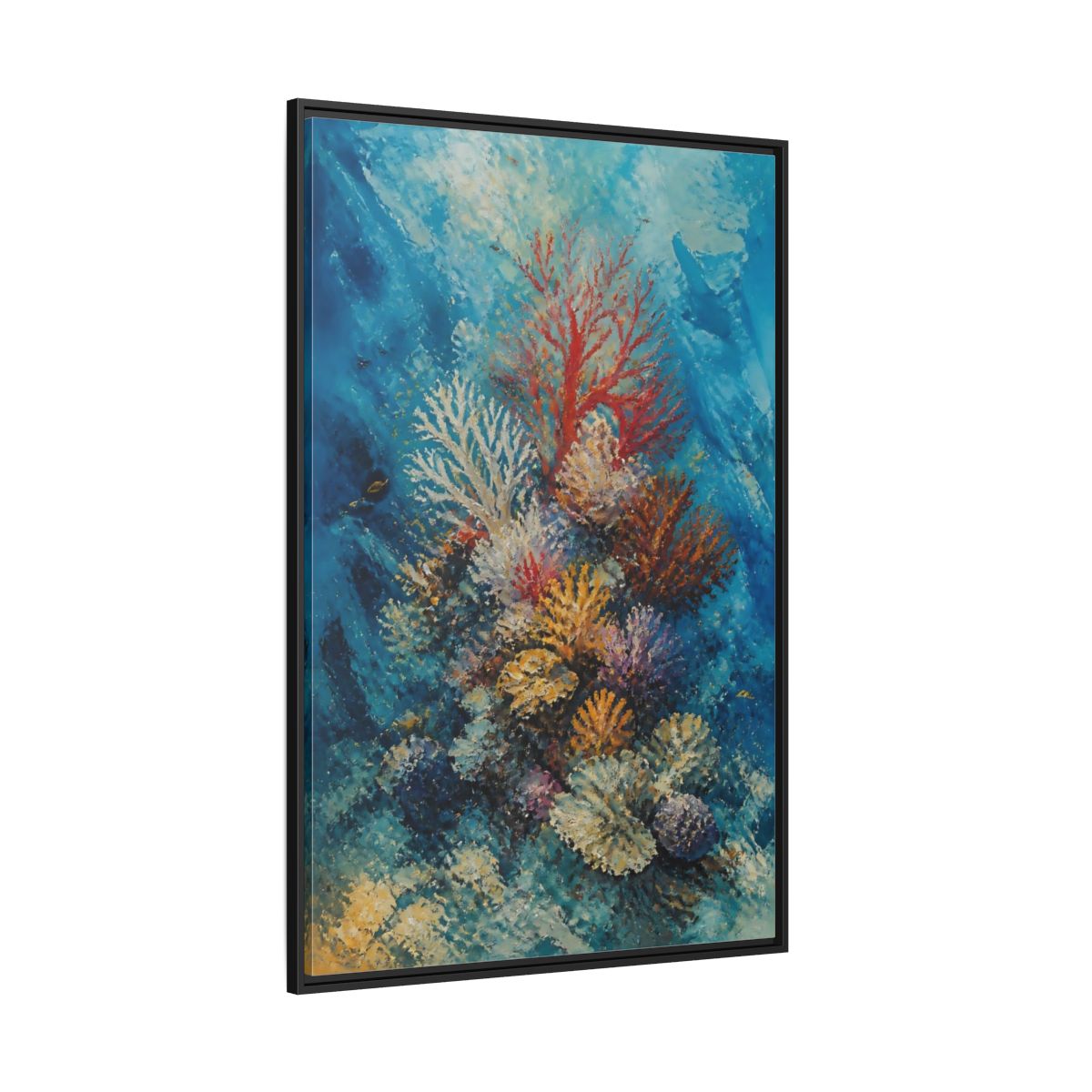 Side Mockup 12. Vibrant Coral Reef shown as framed canvas print