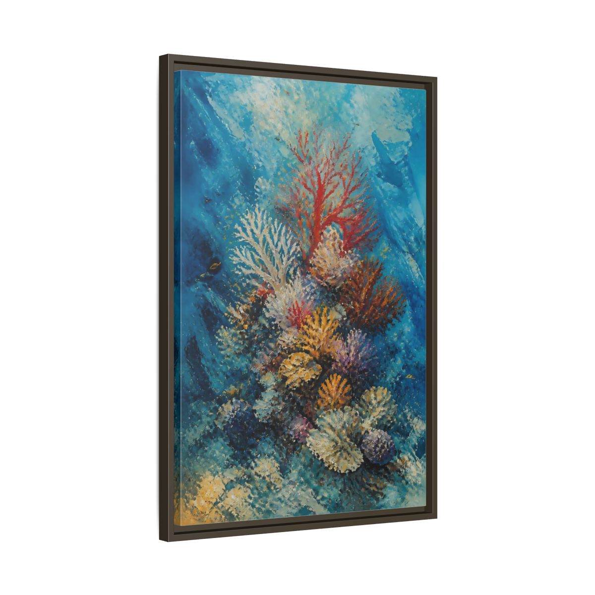 Side Mockup 11. Vibrant Coral Reef shown as framed canvas print