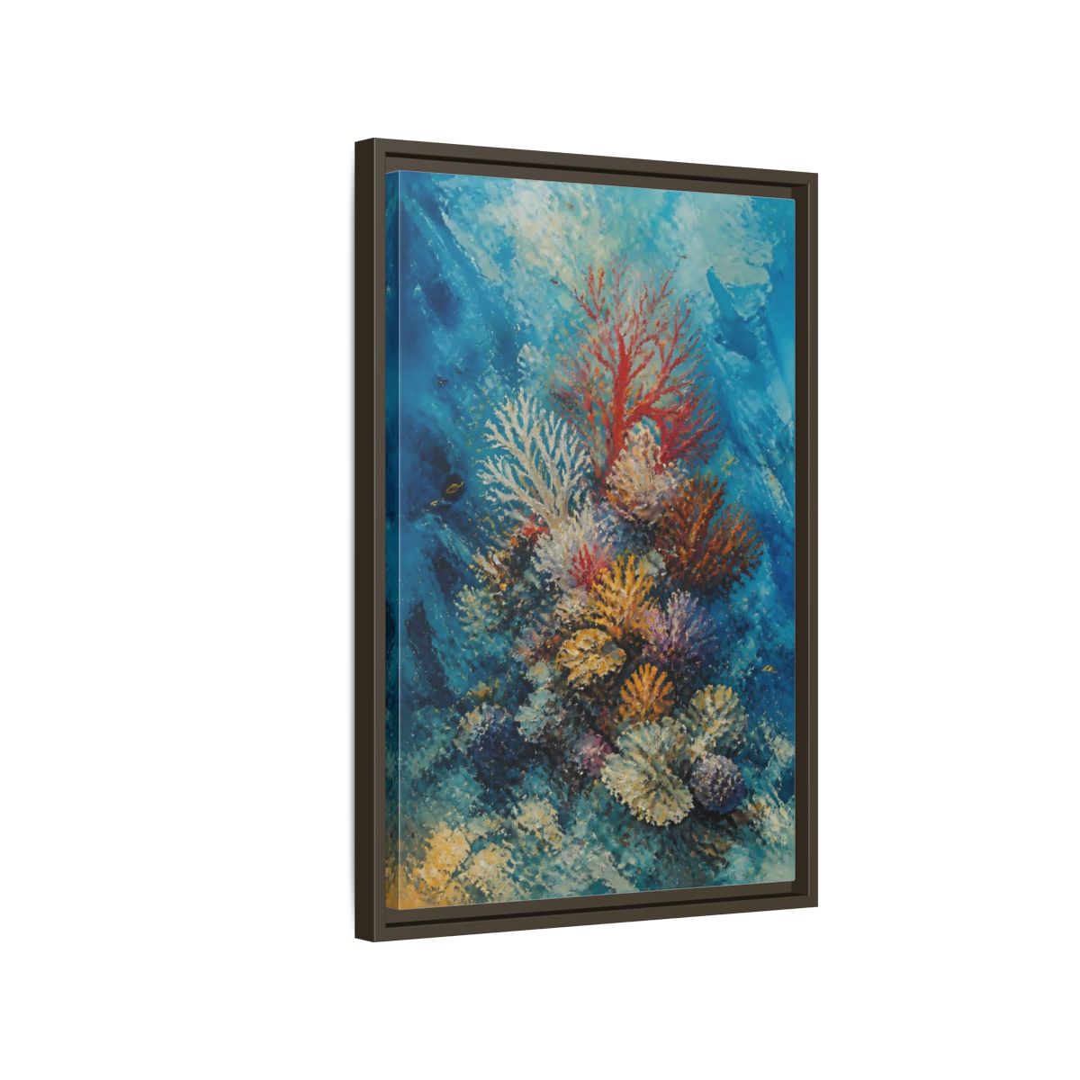 Side Mockup 2. Vibrant Coral Reef shown as framed canvas print