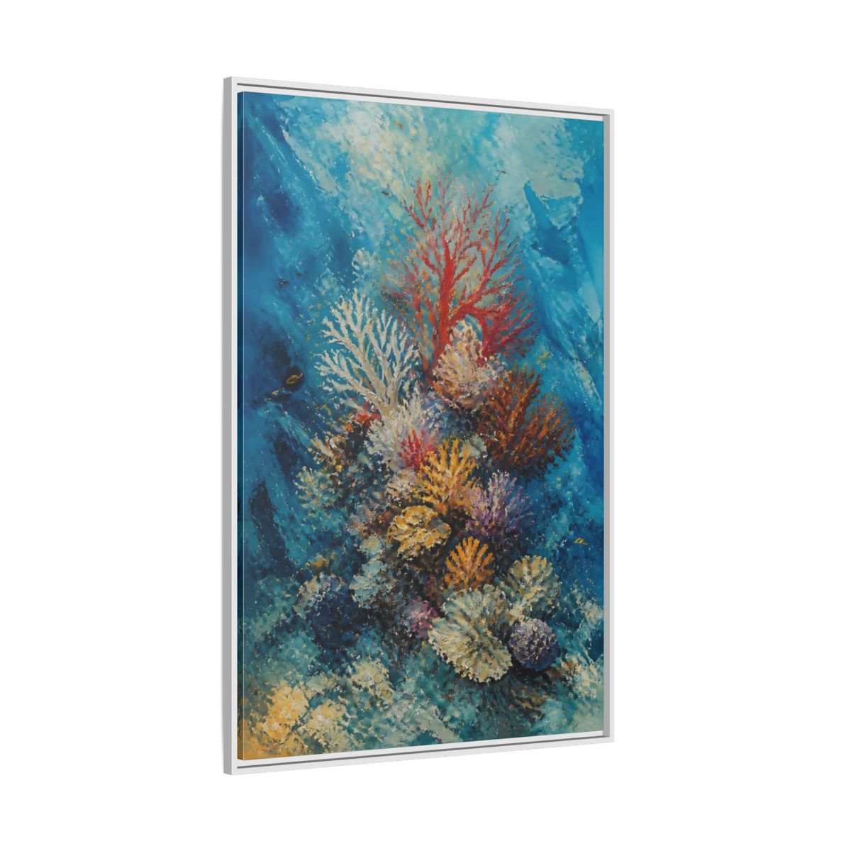 Side Mockup 7. Vibrant Coral Reef shown as framed canvas print