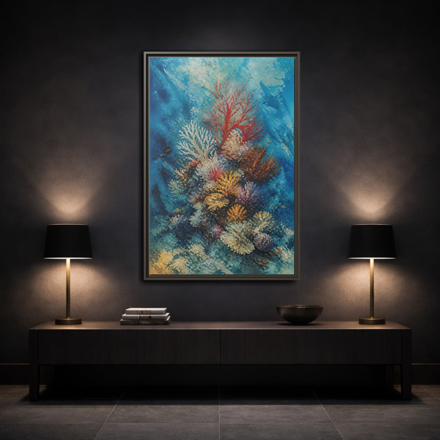 Mockup 3. Vibrant Coral Reef shown as framed canvas print