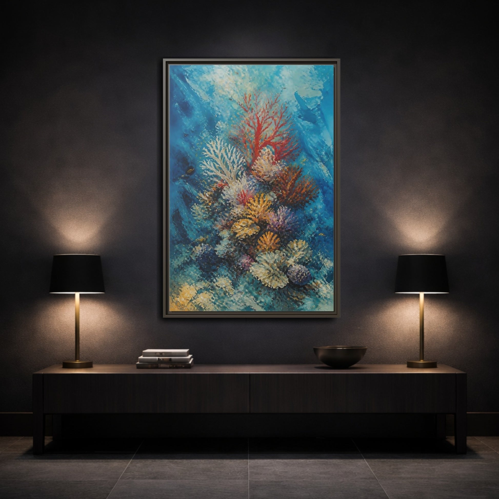 Mockup 3. Vibrant Coral Reef shown as framed canvas print