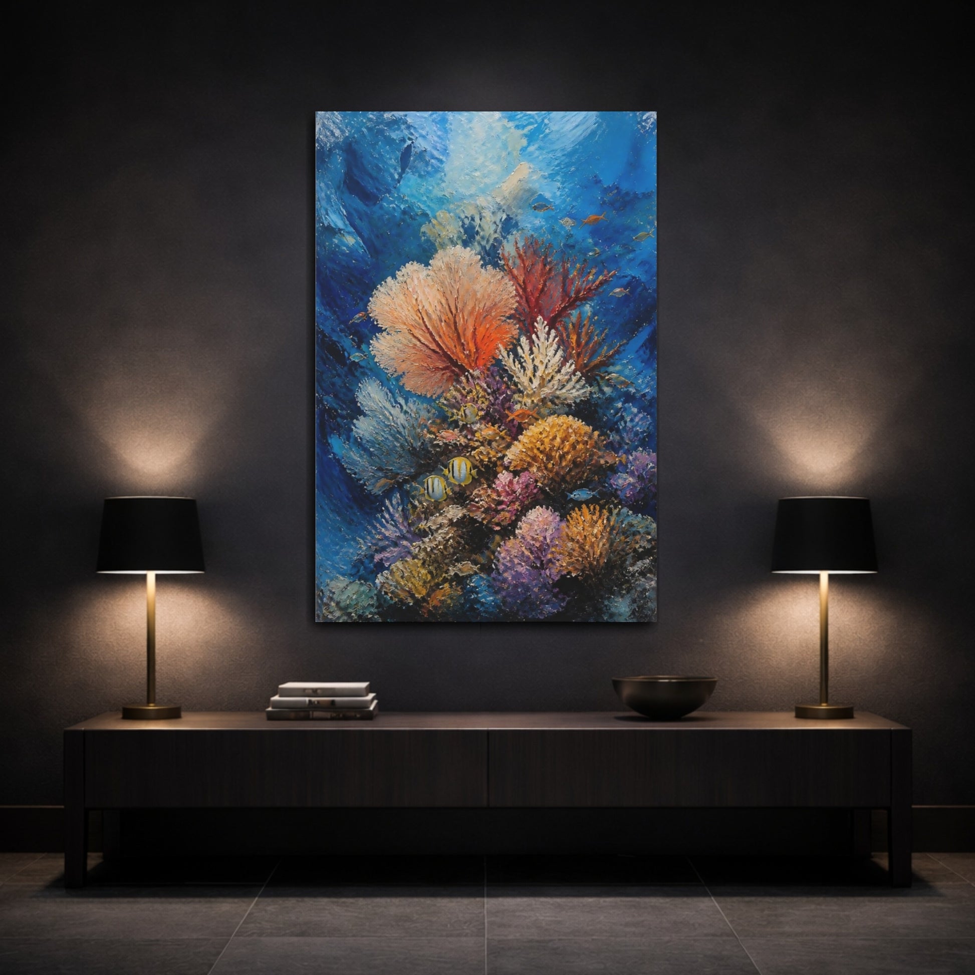 Mockup 3. Vibrant Coral Reef shown as canvas print