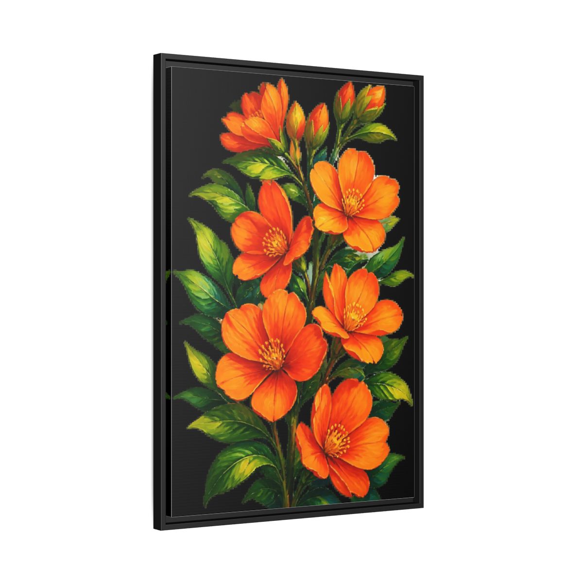 Side Mockup 13. Vibrant Orange Floral Spray shown as framed canvas print