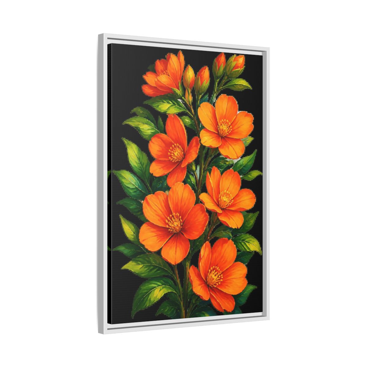 Side Mockup 10. Vibrant Orange Floral Spray shown as framed canvas print