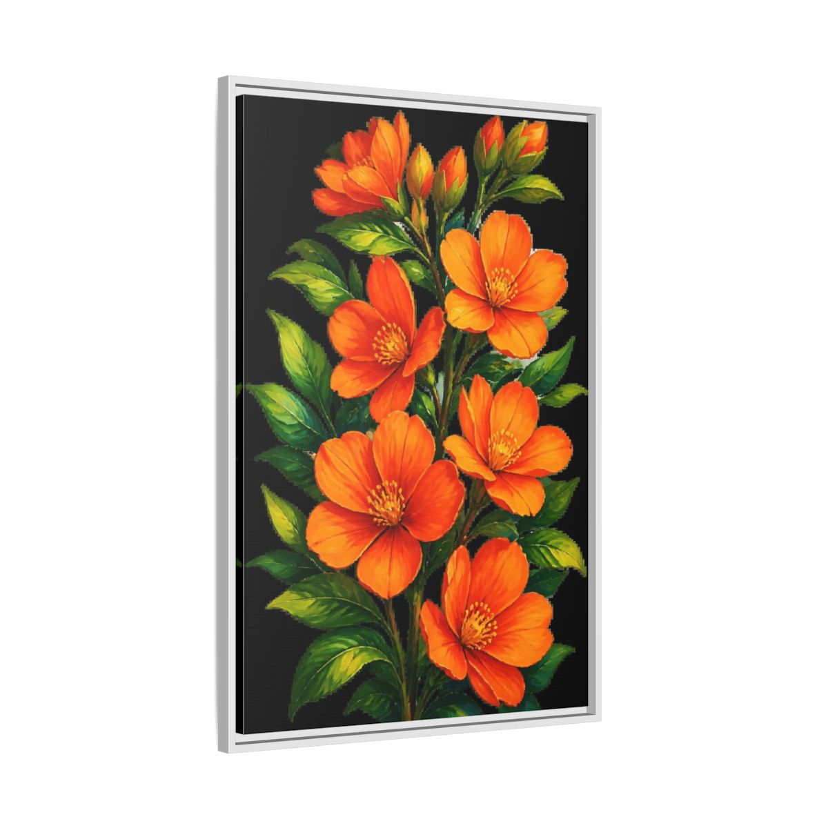 Side Mockup 9. Vibrant Orange Floral Spray shown as framed canvas print