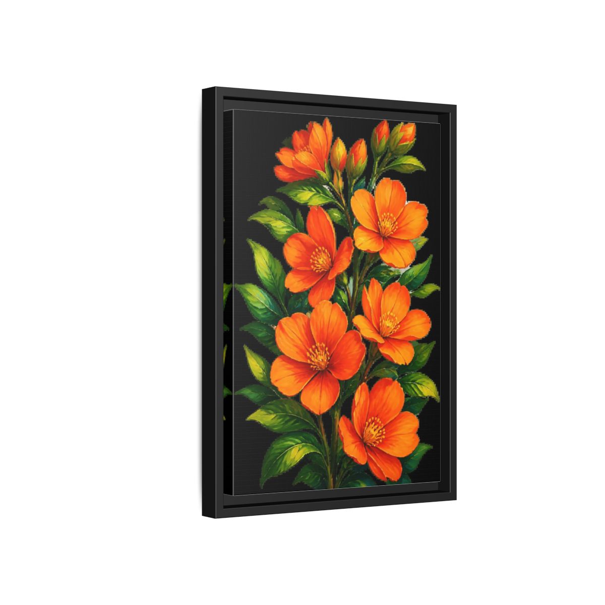 Side Mockup 6. Vibrant Orange Floral Spray shown as framed canvas print