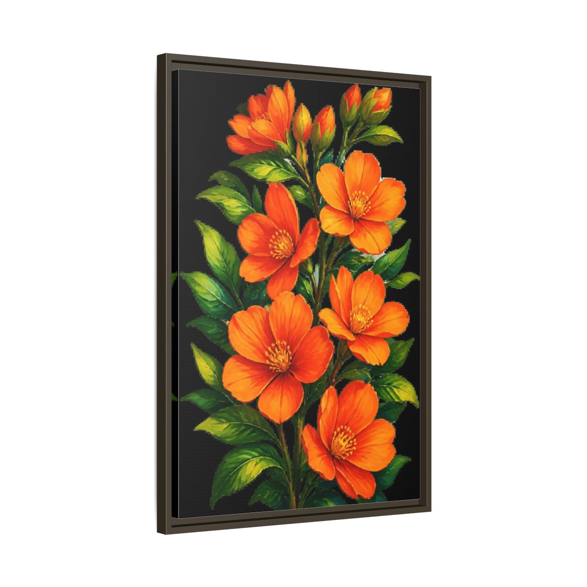 Side Mockup 11. Vibrant Orange Floral Spray shown as framed canvas print