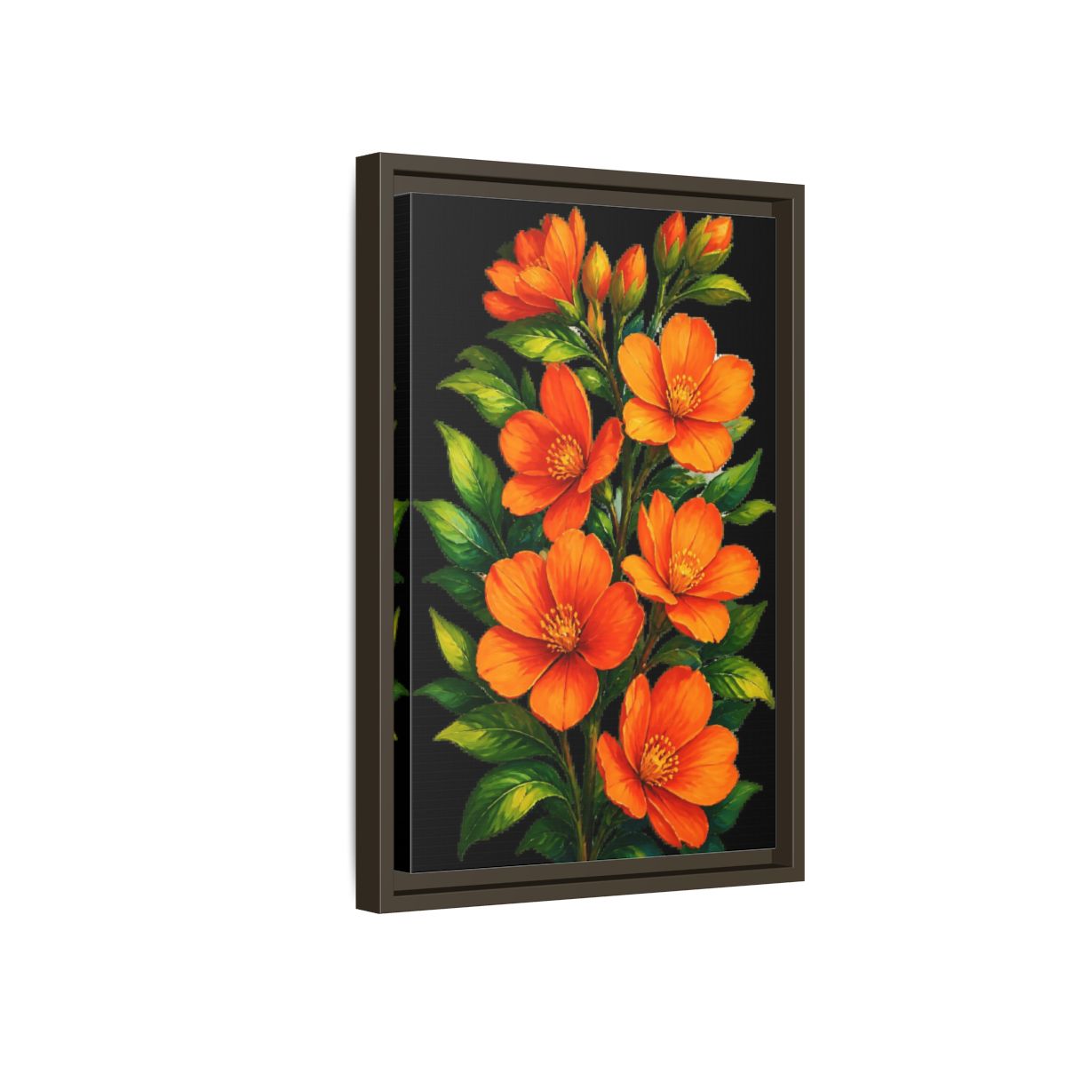 Side Mockup 5. Vibrant Orange Floral Spray shown as framed canvas print