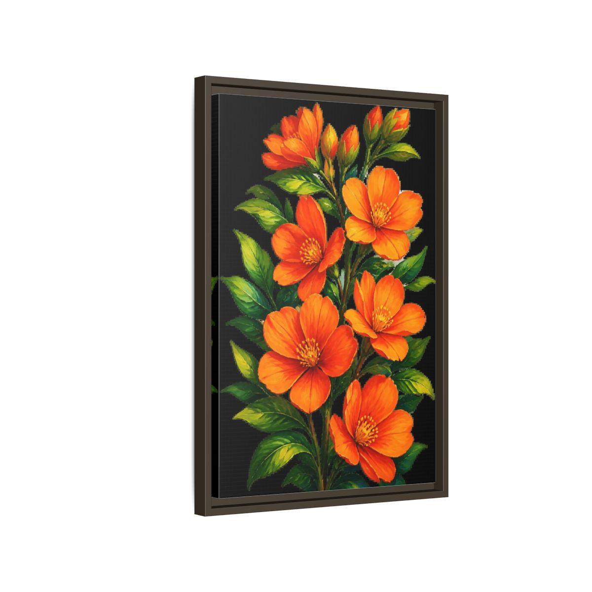 Side Mockup 2. Vibrant Orange Floral Spray shown as framed canvas print