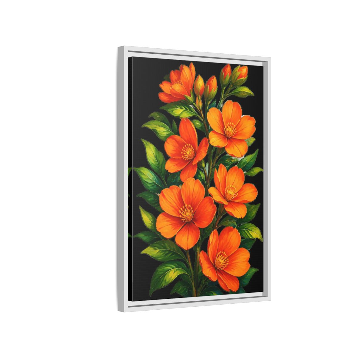 Side Mockup 1. Vibrant Orange Floral Spray shown as framed canvas print