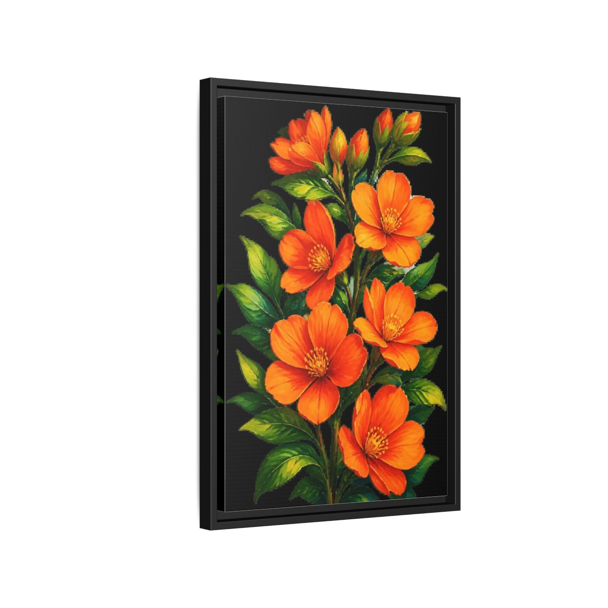 Side Mockup 3. Vibrant Orange Floral Spray shown as framed canvas print