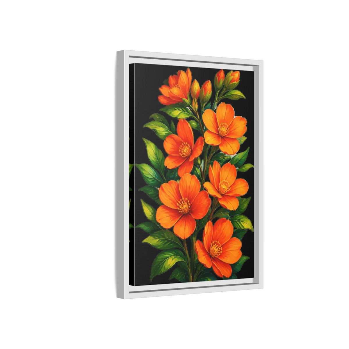 Side Mockup 4. Vibrant Orange Floral Spray shown as framed canvas print