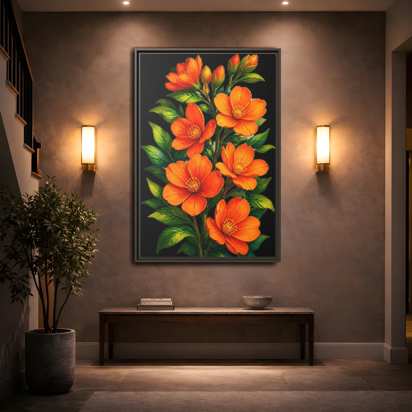 Mockup 2. Vibrant Orange Floral Spray shown as framed canvas print