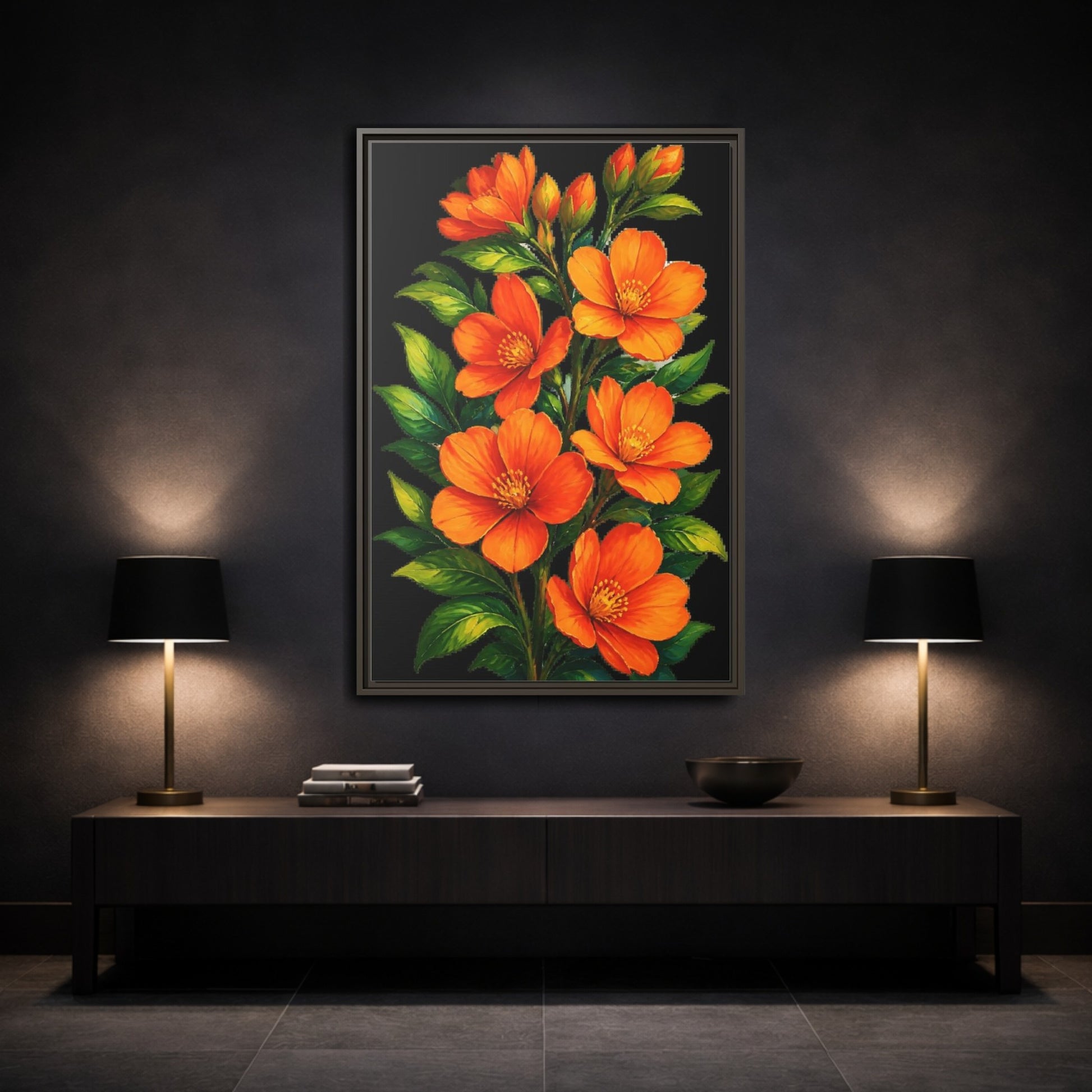 Mockup 3. Vibrant Orange Floral Spray shown as framed canvas print