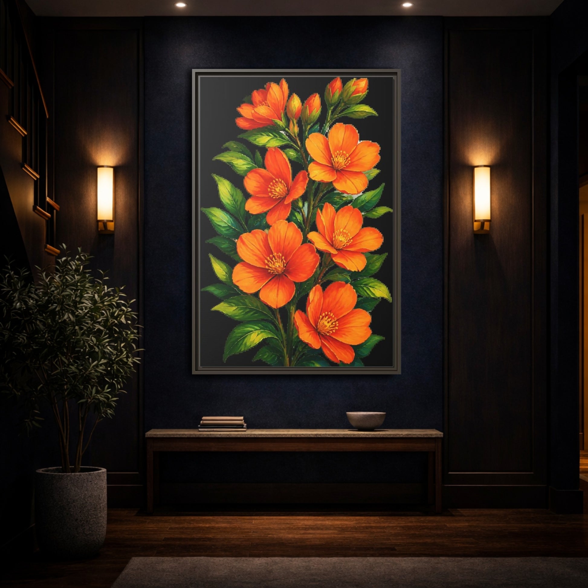 Mockup 4. Vibrant Orange Floral Spray shown as framed canvas print