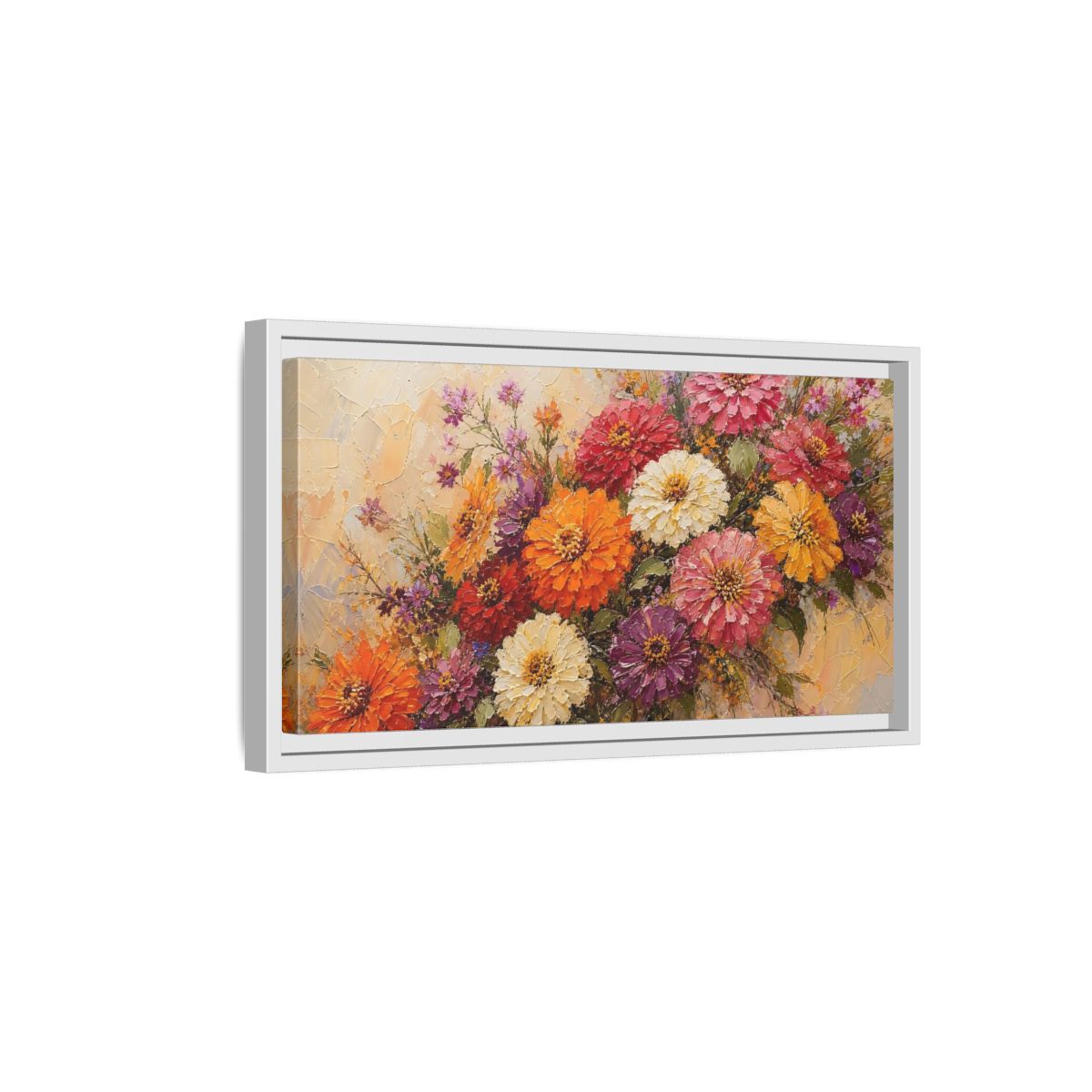 Side Mockup 6. Vibrant Zinnia Bouquet shown as framed canvas print